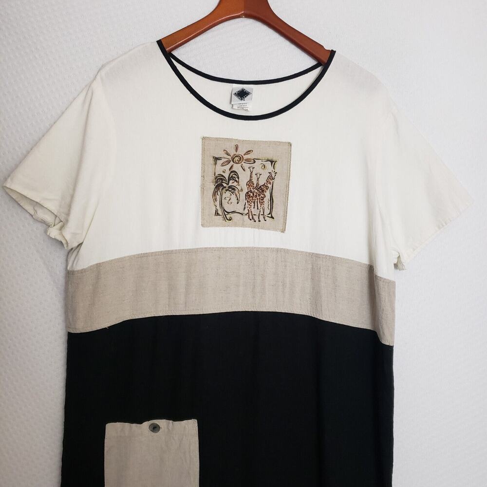 VTG California Concepts Color Block Giraffe Linen Blend Boho Shift Dress Sz 16